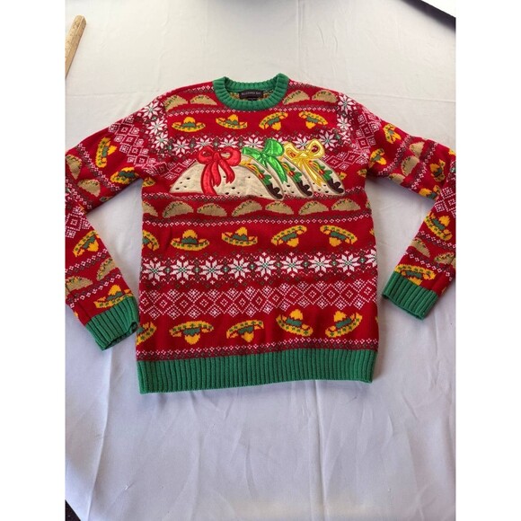 Blizzard Bay Tacos Sombreros Red Ugly Christmas Sweater Small Fair Isle Holiday - Picture 1 of 5